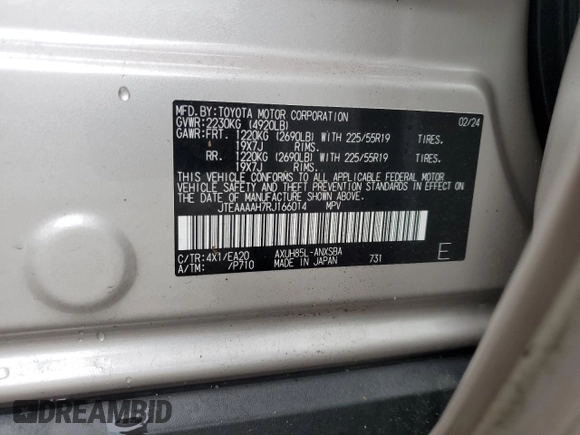 2024 Toyota Venza LE with VIN JTEAAAAH7RJ166014, listed as a Copart auction lot 50963565 with 3,954 mi miles and Salvage Title. Bid and sale history available at carsss.com. Image 13.