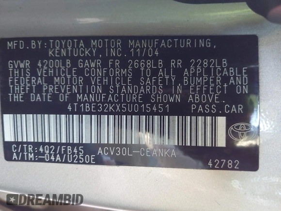 2005 Toyota Camry STD z VIN 4T1BE32KX5U015451, wystawiony jako IAAI lot #41426370 z przebiegiem 255 358 mil mil oraz . Historia ofert i sprzedaży dostępna na DreamBid. Obrazek 9.