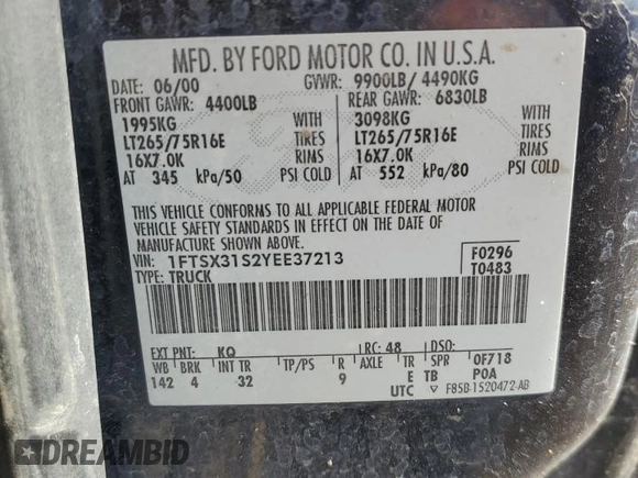 2000 Ford F-350 XL with VIN 1FTSX31S2YEE37213, listed as a Copart auction lot 54300595 with 141,273 mi miles and Clean title. Bid and sale history available at DreamBid. Image 12.