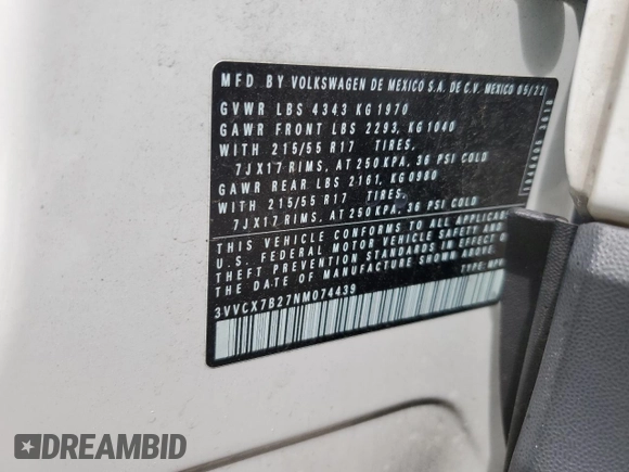 2022 Volkswagen Taos S с VIN 3VVCX7B27NM074439, выставлен на аукционе Copart как лот 51415835 с пробегом 40 919 миль миль и Списание • Salvage title. История ставок и продаж доступна на DreamBid. Изображение 13.