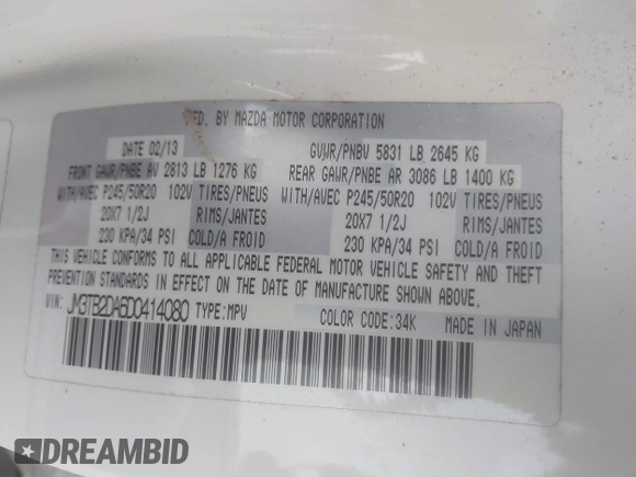 2013 Mazda CX-9 Grand Touring z VIN JM3TB2DA6D0414080, wystawiony jako IAAI lot #42310153 z przebiegiem 190 991 mil mil oraz . Historia ofert i sprzedaży dostępna na DreamBid. Obrazek 9.