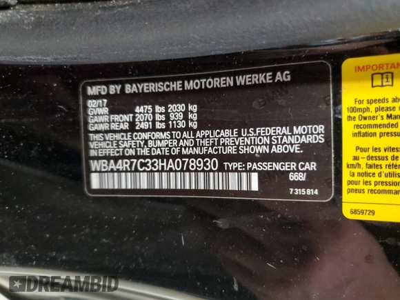 2017 BMW 4 Series 430i with VIN WBA4R7C33HA078930, listed as a Copart auction lot 43427505 with 176,388 mi miles and Clean Title. Bid and sale history available at DreamBid. Image 12.