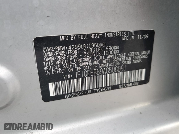 2010 Subaru Impreza Premium with VIN JF1GE6B69AG508051, listed as a Copart auction lot 89088865 with 134,246 mi miles and Clean title. Bid and sale history available at DreamBid. Image 12.