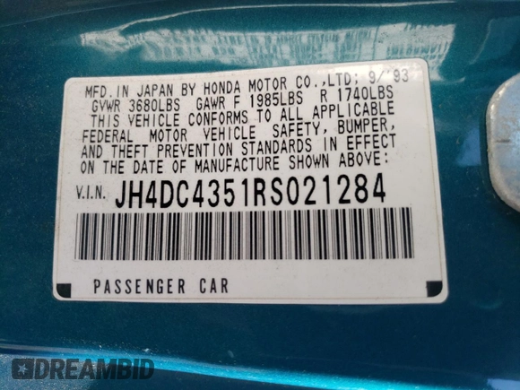 1994 Acura Integra Sport LS z VIN JH4DC4351RS021284, wystawiony jako Copart lot #76551214 z przebiegiem 241 754 mil mil oraz Szkoda całkowita • Salvage title. Historia ofert i sprzedaży dostępna na DreamBid. Obrazek 13.