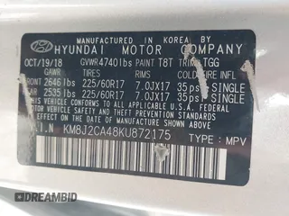 2019 Hyundai Tucson SE with VIN KM8J2CA48KU872175, listed as a IAAI auction lot 41956066 with 105,534 mi miles. Bid and sale history available at carsss.com. Image 9.