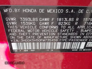 2015 Honda Fit LX with VIN 3HGGK5H50FM735459, listed as a IAAI auction lot 41715199 with 91,779 mi miles. Bid and sale history available at carsss.com. Image 9.