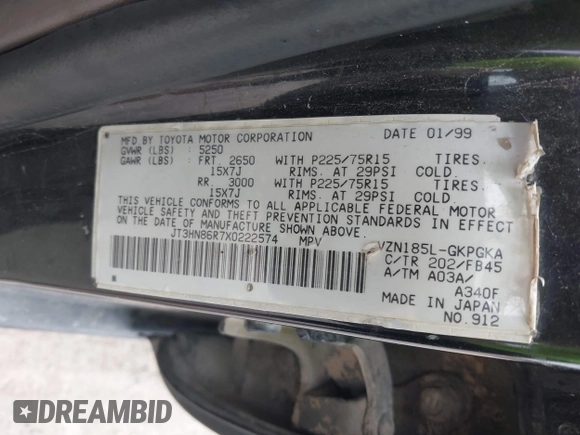 1999 Toyota 4Runner SR5 with VIN JT3HN86R7X0222574, listed as a IAAI auction lot 42791068 with 272,791 mi miles and . Bid and sale history available at DreamBid. Image 9.