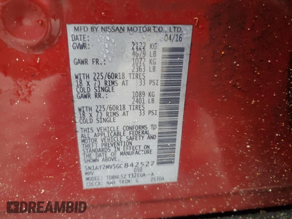 2016 Nissan Rogue SV z VIN 5N1AT2MV5GC842527, wystawiony jako Copart lot #51506105 z przebiegiem 98 047 mil mil oraz Szkoda całkowita • Salvage title. Historia ofert i sprzedaży dostępna na DreamBid. Obrazek 13.