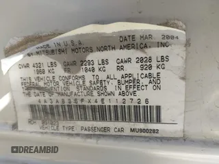 2004 Mitsubishi Galant ES with VIN 4A3AB36FX4E112726, listed as a IAAI auction lot 41669217 with 95,190 mi miles. Bid and sale history available at carsss.com. Image 9.