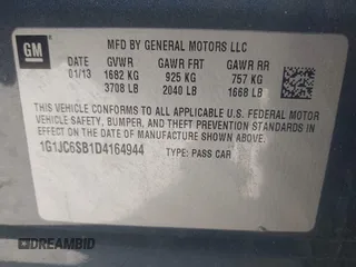 2013 Chevrolet Sonic LT with VIN 1G1JC6SB1D4164944, listed as a IAAI auction lot 41496975 with 96,987 mi miles. Bid and sale history available at carsss.com. Image 9.