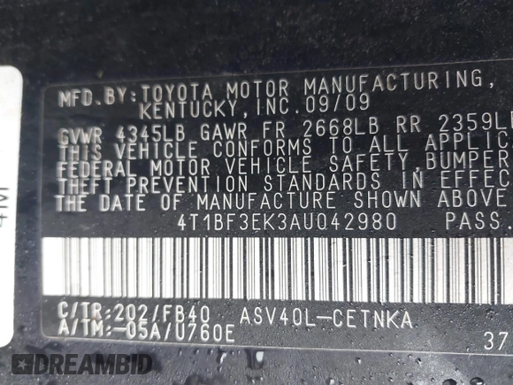 2010 Toyota Camry with VIN 4T1BF3EK3AU042980, listed as a IAAI auction lot 40480115 with 223,499 mi miles and . Bid and sale history available at DreamBid. Image 9.
