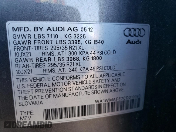 2012 Audi Q7 Prestige с VIN WA1WMAFE7CD010183, выставлен на аукционе Copart как лот 85345414 с пробегом 165 854 миль миль и Списание • Salvage title. История ставок и продаж доступна на DreamBid. Изображение 14.