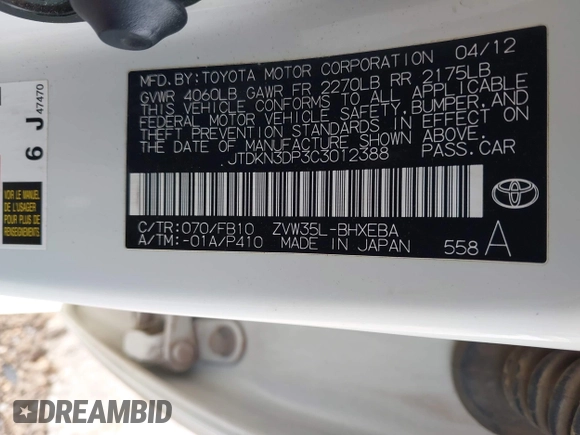 2012 Toyota Prius z VIN JTDKN3DP3C3012388, wystawiony jako IAAI lot #42436517 z przebiegiem 196 072 mil mil oraz . Historia ofert i sprzedaży dostępna na DreamBid. Obrazek 9.