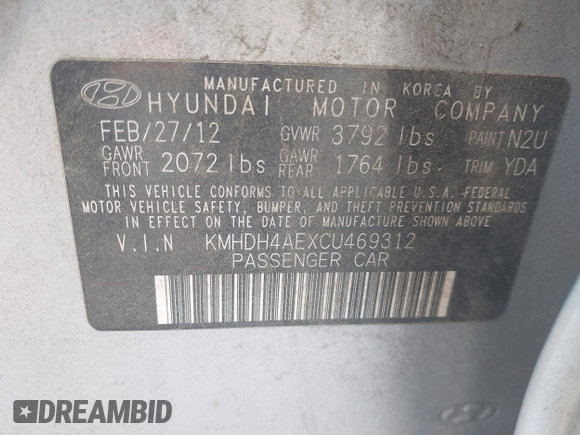 2012 Hyundai Elantra Limited с VIN KMHDH4AEXCU469312, выставлен на аукционе IAAI как лот 42602449 с пробегом 124 285 миль миль и . История ставок и продаж доступна на DreamBid. Изображение 9.