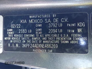 2022 Kia Forte LXS with VIN 3KPF24ADXNE466269, listed as a IAAI auction lot 41824255 with 34,130 mi miles and . Bid and sale history available at DreamBid. Image 9.