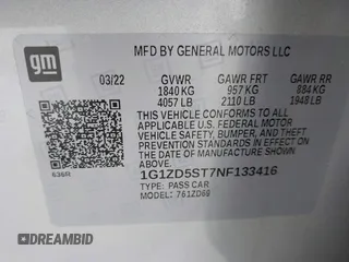 2022 Chevrolet Malibu LT with VIN 1G1ZD5ST7NF133416, listed as a IAAI auction lot 41961337 with 48,381 mi miles and . Bid and sale history available at DreamBid. Image 9.