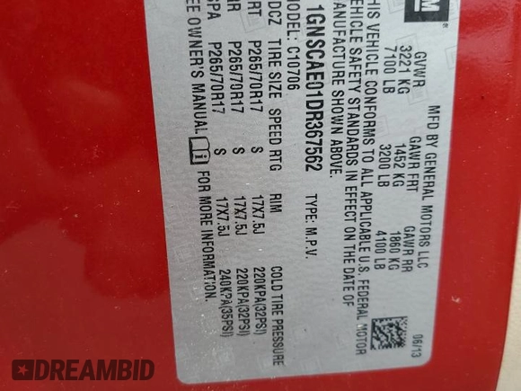 2013 Chevrolet Tahoe LS with VIN 1GNSCAE01DR367562, listed as a Copart auction lot 60678795 with Not provided miles and Salvage title. Bid and sale history available at DreamBid. Image 13.