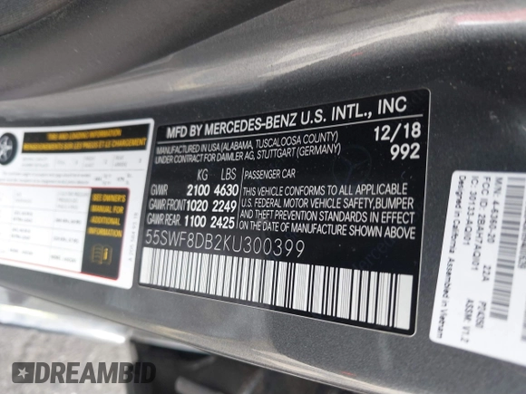 2019 Mercedes-Benz C 300 with VIN 55SWF8DB2KU300399, listed as a IAAI auction lot 41654303 with 65,826 mi miles and . Bid and sale history available at DreamBid. Image 9.