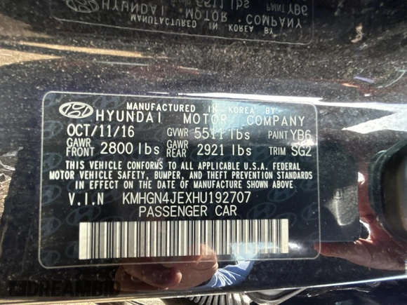2017 Genesis G80 3.8L with VIN KMHGN4JEXHU192707, listed as a Copart auction lot 51038255 with 96,720 mi miles and Salvage title. Bid and sale history available at DreamBid. Image 10.