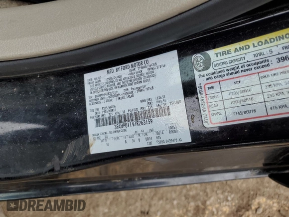 2007 Ford Fusion SE with VIN 3FAHP01147R263159, listed as a Copart auction lot 44643395 with 153,901 mi miles and Salvage Title. Bid and sale history available at carsss.com. Image 14.