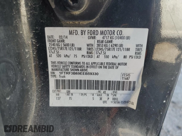2014 Ford F-350 XL with VIN 1FTRF3B69EEB59330, listed as a Copart auction lot 41978895 with 105,200 mi miles and Salvage title. Bid and sale history available at DreamBid. Image 12.