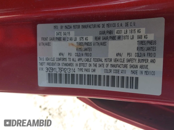 2015 Mazda 3 i Touring with VIN 3MZBM1L76FM213114, listed as a IAAI auction lot 41996100 with 54,277 mi miles. Bid and sale history available at carsss.com. Image 9.