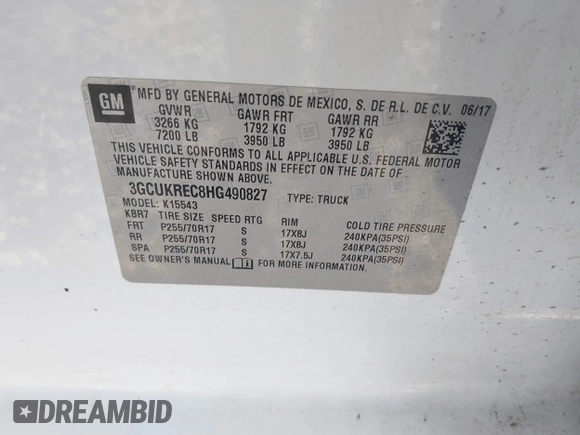 2017 Chevrolet Silverado 1500 LT with VIN 3GCUKREC8HG490827, listed as a IAAI auction lot 41810412 with 121,572 mi miles and . Bid and sale history available at DreamBid. Image 9.