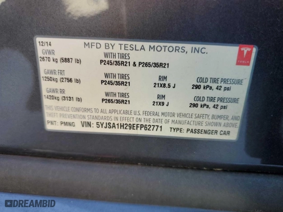 2014 Tesla Model S P85D with VIN 5YJSA1H29EFP62771, listed as a Copart auction lot 45972635 with 74,732 mi miles and Salvage Title. Bid and sale history available at carsss.com. Image 10.