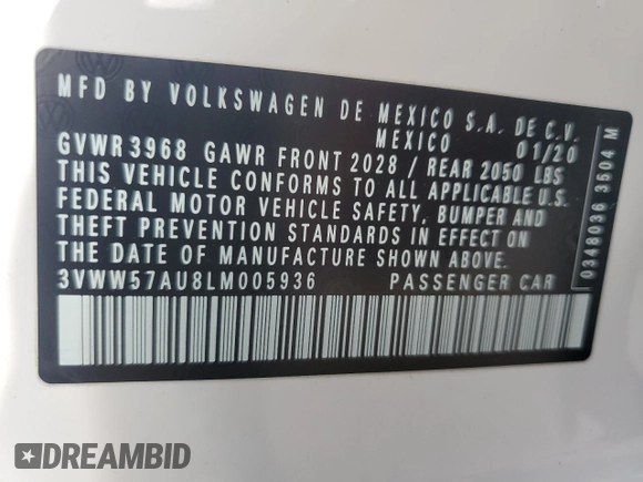 2020 Volkswagen Golf TSI with VIN 3VWW57AU8LM005936, listed as a Copart auction lot 46885635 with 39,815 mi miles and Salvage title. Bid and sale history available at DreamBid. Image 13.