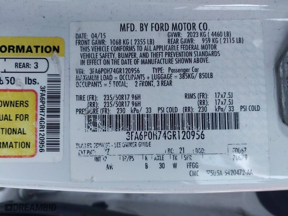 2016 Ford Fusion SE with VIN 3FA6P0H74GR120956, listed as a IAAI auction lot 41848468 with 239,358 mi miles. Bid and sale history available at carsss.com. Image 9.