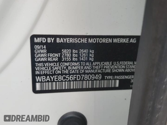2015 BMW 7 Series 750Li with VIN WBAYE8C56FD780949, listed as a Copart auction lot 85638034 with 95,259 mi miles and Clean Title. Bid and sale history available at carsss.com. Image 12.