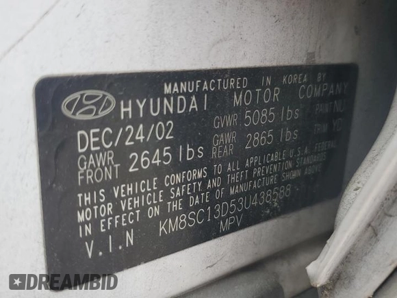 2003 Hyundai Santa Fe GLS with VIN KM8SC13D53U438588, listed as a Copart auction lot 51182585 with 140,507 mi miles and Salvage Title. Bid and sale history available at carsss.com. Image 13.