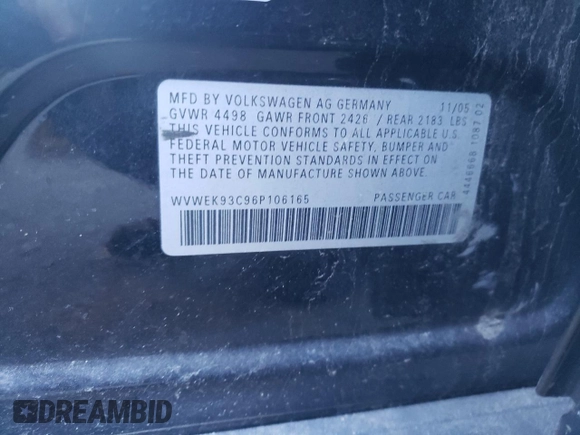 2006 Volkswagen Passat Lux with VIN WVWEK93C96P106165, listed as a Copart auction lot 88152655 with 133,192 mi miles and Salvage title. Bid and sale history available at DreamBid. Image 12.