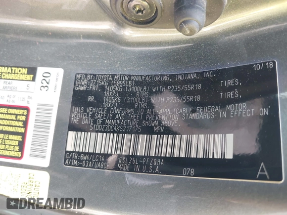 2019 Toyota Sienna XLE with VIN 5TDDZ3DC4KS217175, listed as a IAAI auction lot 42467596 with 95,515 mi miles and . Bid and sale history available at DreamBid. Image 9.