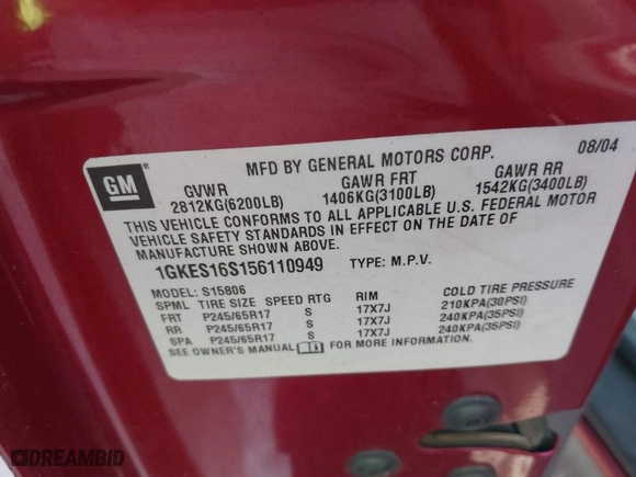 2005 GMC Envoy XL SLE with VIN 1GKES16S156110949, listed as a IAAI auction lot 41629518 with 307,325 mi miles. Bid and sale history available at carsss.com. Image 9.