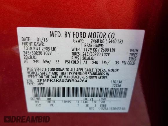 2016 Ford Edge Titanium with VIN 2FMPK3K80GBB04764, listed as a Copart auction lot 45935825 with 65,562 mi miles and Salvage Title. Bid and sale history available at carsss.com. Image 12.