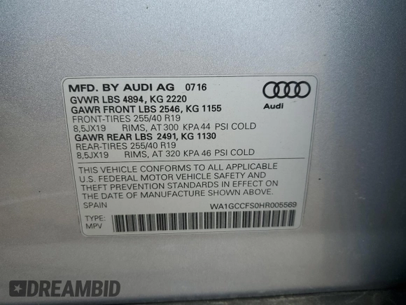 2017 Audi Q3 Prestige with VIN WA1GCCFS0HR005569, listed as a Copart auction lot 57902185 with 89,900 mi miles and Salvage title. Bid and sale history available at DreamBid. Image 13.
