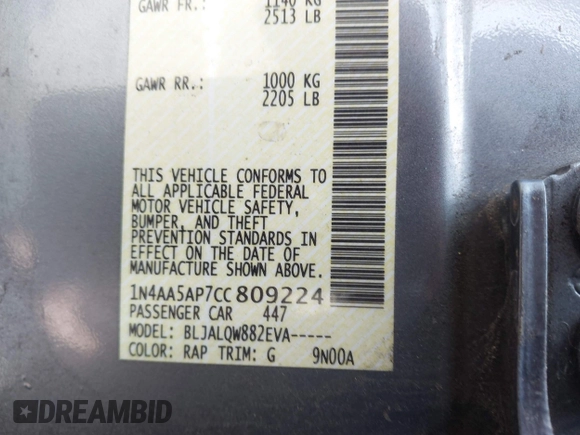 2012 Nissan Maxima S with VIN 1N4AA5AP7CC809224, listed as a IAAI auction lot 42602623 with 125,822 mi miles and . Bid and sale history available at DreamBid. Image 9.