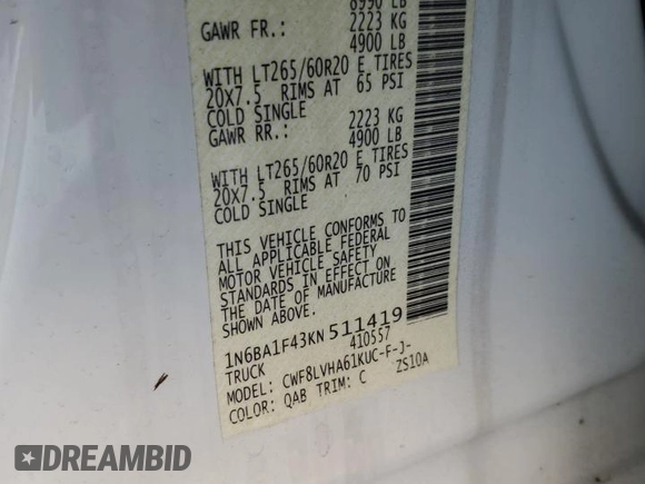 2019 Nissan Titan XD SL with VIN 1N6BA1F43KN511419, listed as a Copart auction lot 77875274 with 27,447 mi miles and Salvage Title. Bid and sale history available at carsss.com. Image 15.