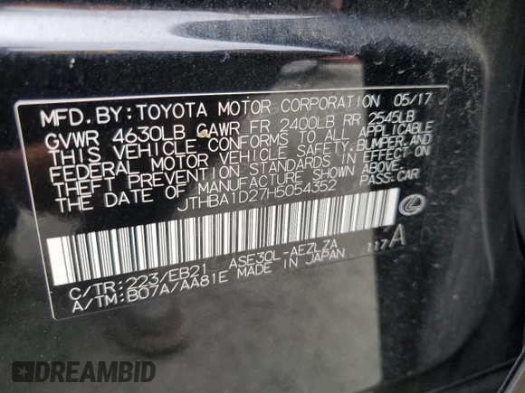 2017 Lexus IS with VIN JTHBA1D27H5054352, listed as a Copart auction lot 54737955 with 71,141 mi miles and Salvage Title. Bid and sale history available at carsss.com. Image 12.