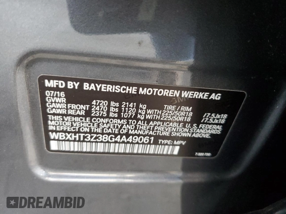2016 BMW X1 xDrive28i with VIN WBXHT3Z38G4A49061, listed as a Copart auction lot 54010455 with 120,875 mi miles and Salvage Title. Bid and sale history available at DreamBid. Image 12.