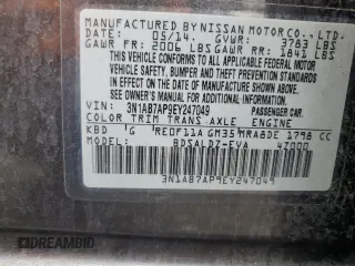 2014 Nissan Sentra S with VIN 3N1AB7AP9EY247049, listed as a Copart auction lot 51222825 with 80,360 mi miles and Salvage Title. Bid and sale history available at DreamBid. Image 13.