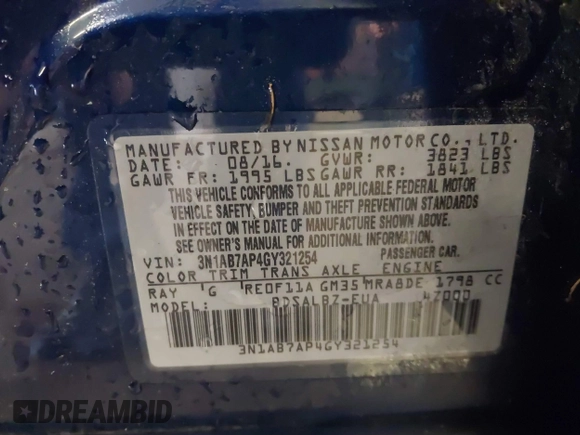 2016 Nissan Sentra SV with VIN 3N1AB7AP4GY321254, listed as a IAAI auction lot 42014398 with 187,624 mi miles and . Bid and sale history available at DreamBid. Image 9.