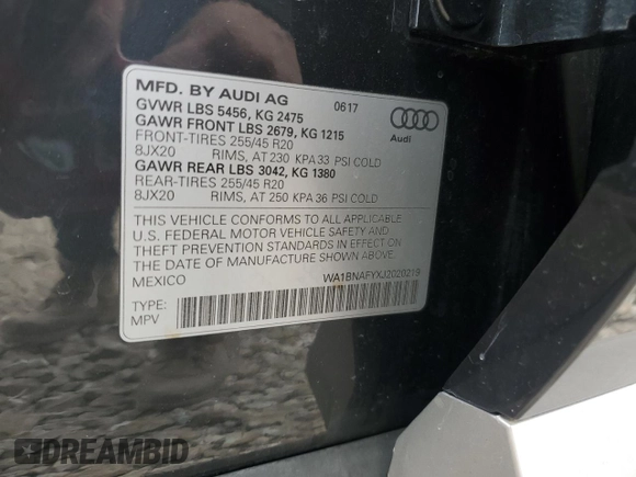 2018 Audi Q5 Premium Plus with VIN WA1BNAFYXJ2020219, listed as a Copart auction lot 48927795 with 52,592 mi miles and Salvage Title. Bid and sale history available at carsss.com. Image 14.