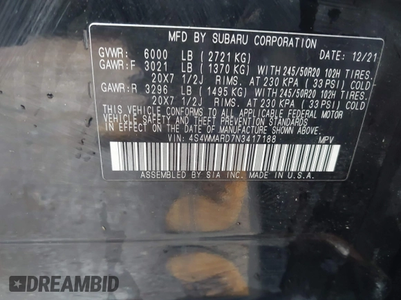2022 Subaru Ascent Touring with VIN 4S4WMARD7N3417188, listed as a IAAI auction lot 42516021 with 46,617 mi miles and . Bid and sale history available at DreamBid. Image 9.