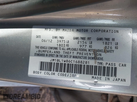 2012 Mazda 3 i Grand Touring with VIN JM1BL1W86C1688281, listed as a IAAI auction lot 41643298 with 266,291 mi miles and . Bid and sale history available at DreamBid. Image 9.