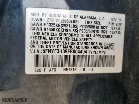 2015 Honda Pilot SE with VIN 5FNYF3H39FB004494, listed as a Copart auction lot 89407705 with 194,423 mi miles and Salvage Title. Bid and sale history available at carsss.com. Image 14.