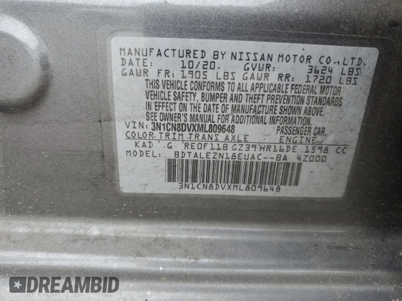 2021 Nissan Versa S with VIN 3N1CN8DVXML809648, listed as a Copart auction lot 58293085 with 62,622 mi miles and Salvage title. Bid and sale history available at DreamBid. Image 12.