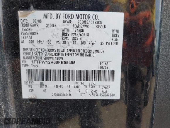 2008 Ford F-150 XLT with VIN 1FTPW12V88FB55495, listed as a IAAI auction lot 42247811 with 131,515 mi miles and . Bid and sale history available at DreamBid. Image 9.