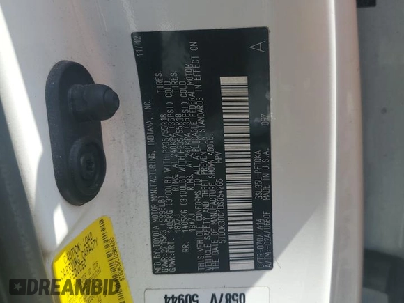 2013 Toyota Sienna XLE with VIN 5TDDK3DC1DS054265, listed as a Copart auction lot 59713835 with 206,197 mi miles and Salvage title. Bid and sale history available at DreamBid. Image 13.